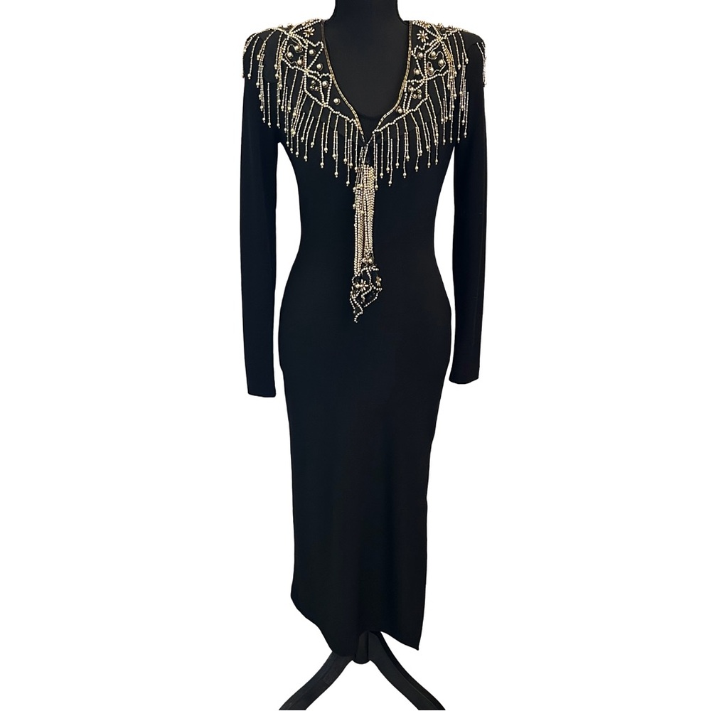 Vintage 80s David Howard Climax Black Gold Beaded Fringe Dress Art Deco Gatsby